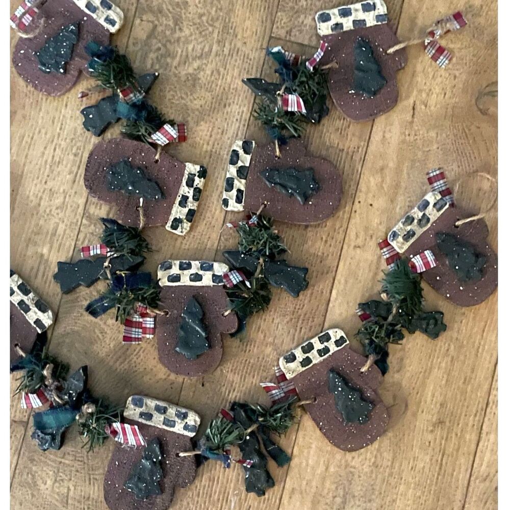 Vintage Christmas Mitten Garland 2 Pc Set Primitive Snowman Farmhouse Decor